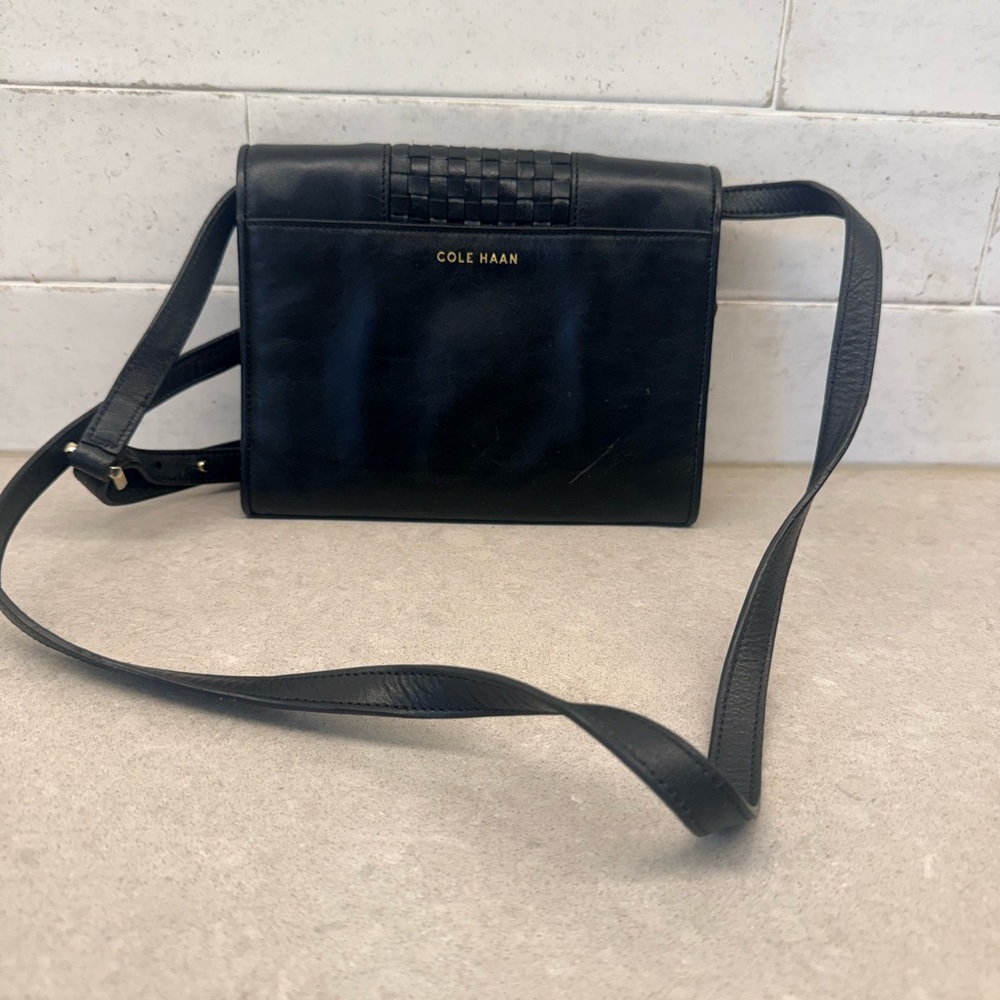 Cole Haan Black Leather Crossbody  with Woven Accent small